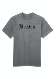 A gray Brixton T-shirt with the brand name 'Brixton' written across the front in bold letters.