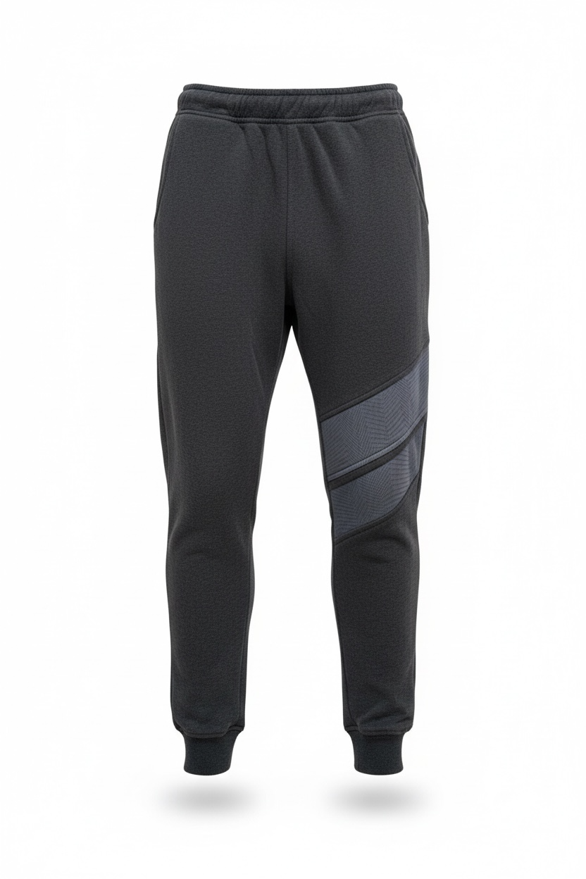 Dark gray jogger pants with a subtle pattern on a white background