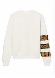 White sweatshirt with colorful sleeve design on a white background