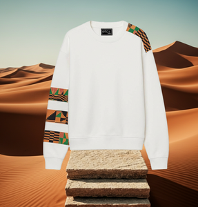 White sweatshirt with patterned sleeves on a desert background