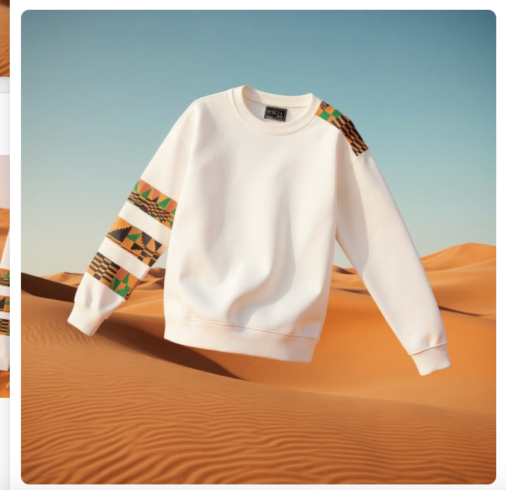 White sweatshirt with patterned sleeves on sand dunes