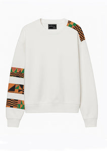 White sweatshirt with colorful geometric patterns on sleeves against a white background