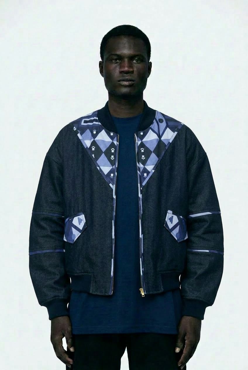 Man wearing a dark jacket with geometric patterns on a white background
