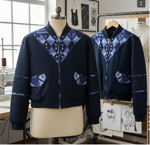 Navy blue jacket with geometric pattern on a mannequin and hanger in a workshop setting.