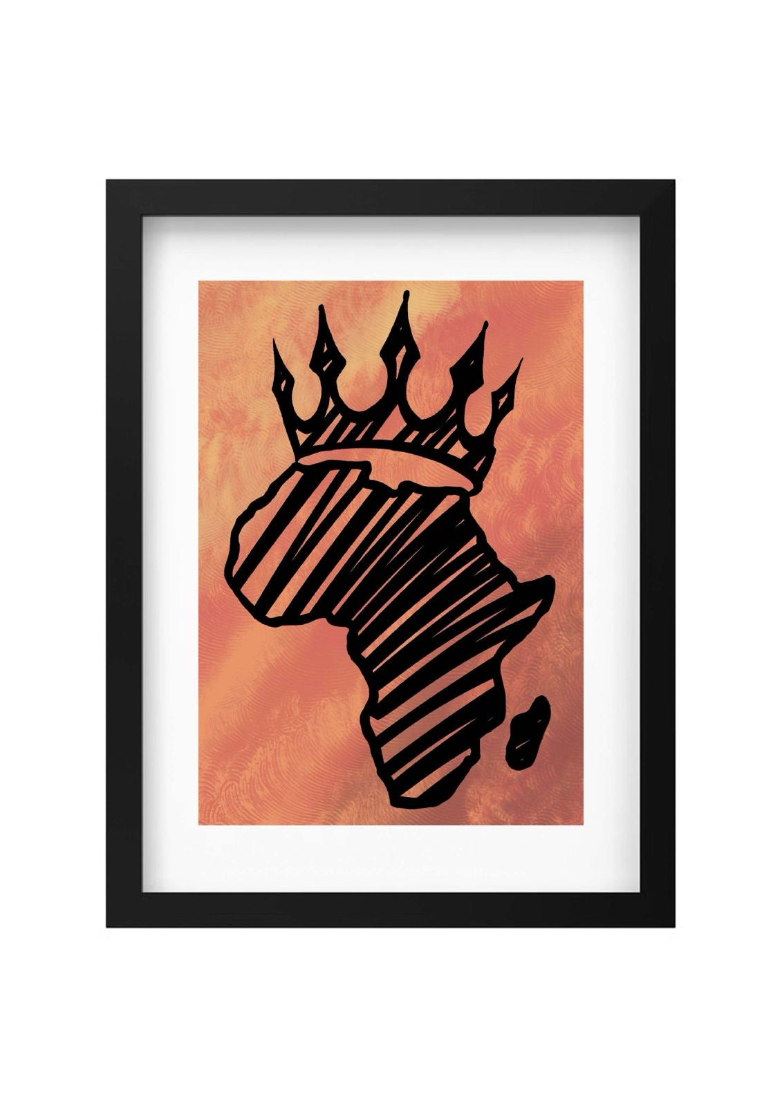 Framed artwork of a black outline of Africa with a crown on an orange-brown background.
