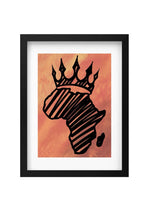 Framed artwork of a black outline of Africa with a crown on an orange-brown background.