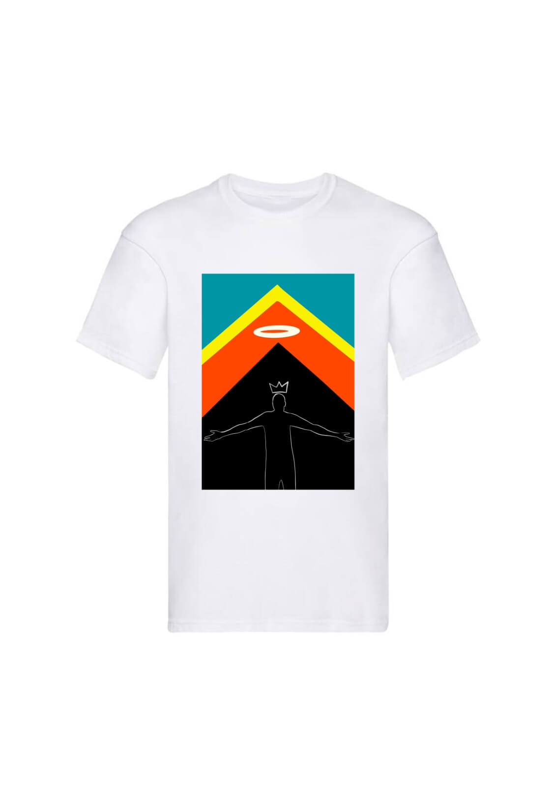 A white organic cotton T-shirt with a unique geometric and colorful print design on the front.