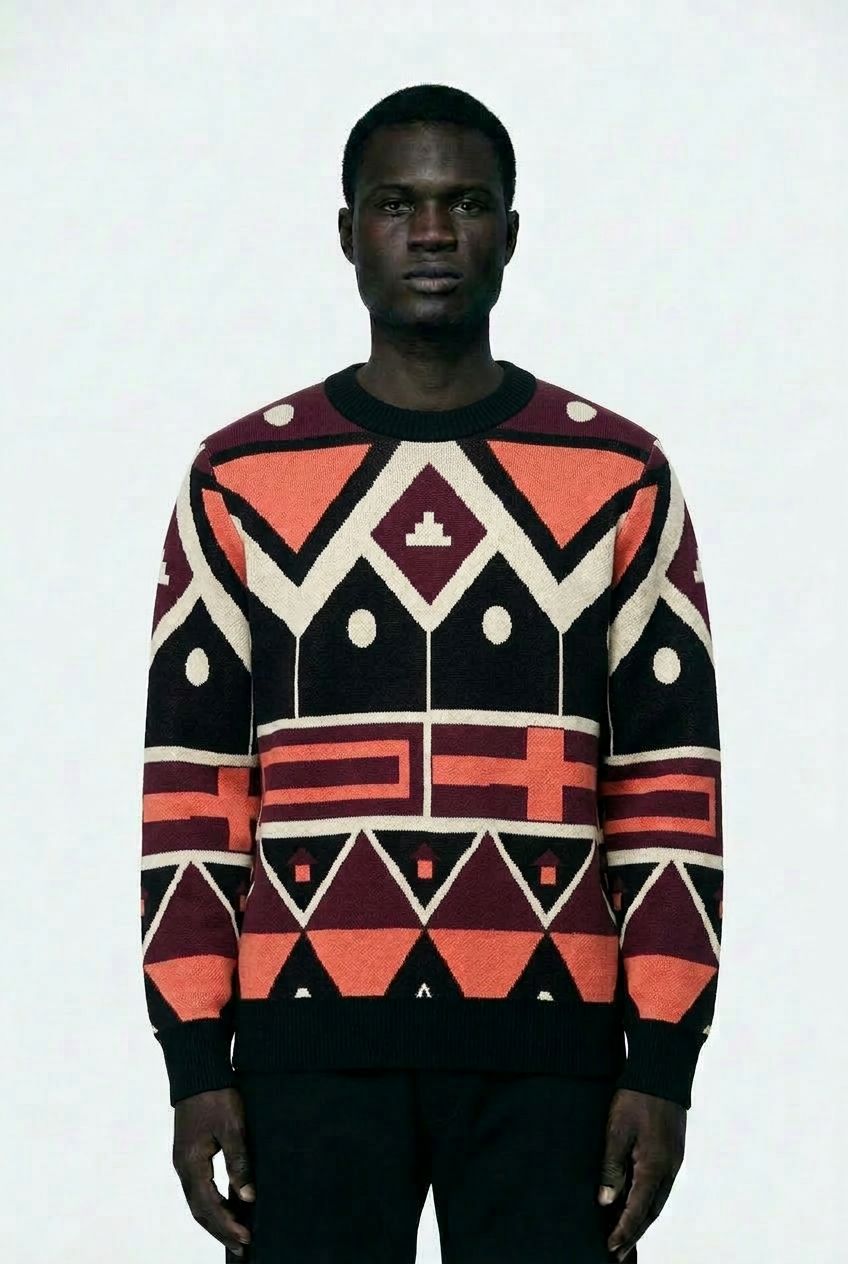 Person wearing a patterned sweater with geometric design on a white background