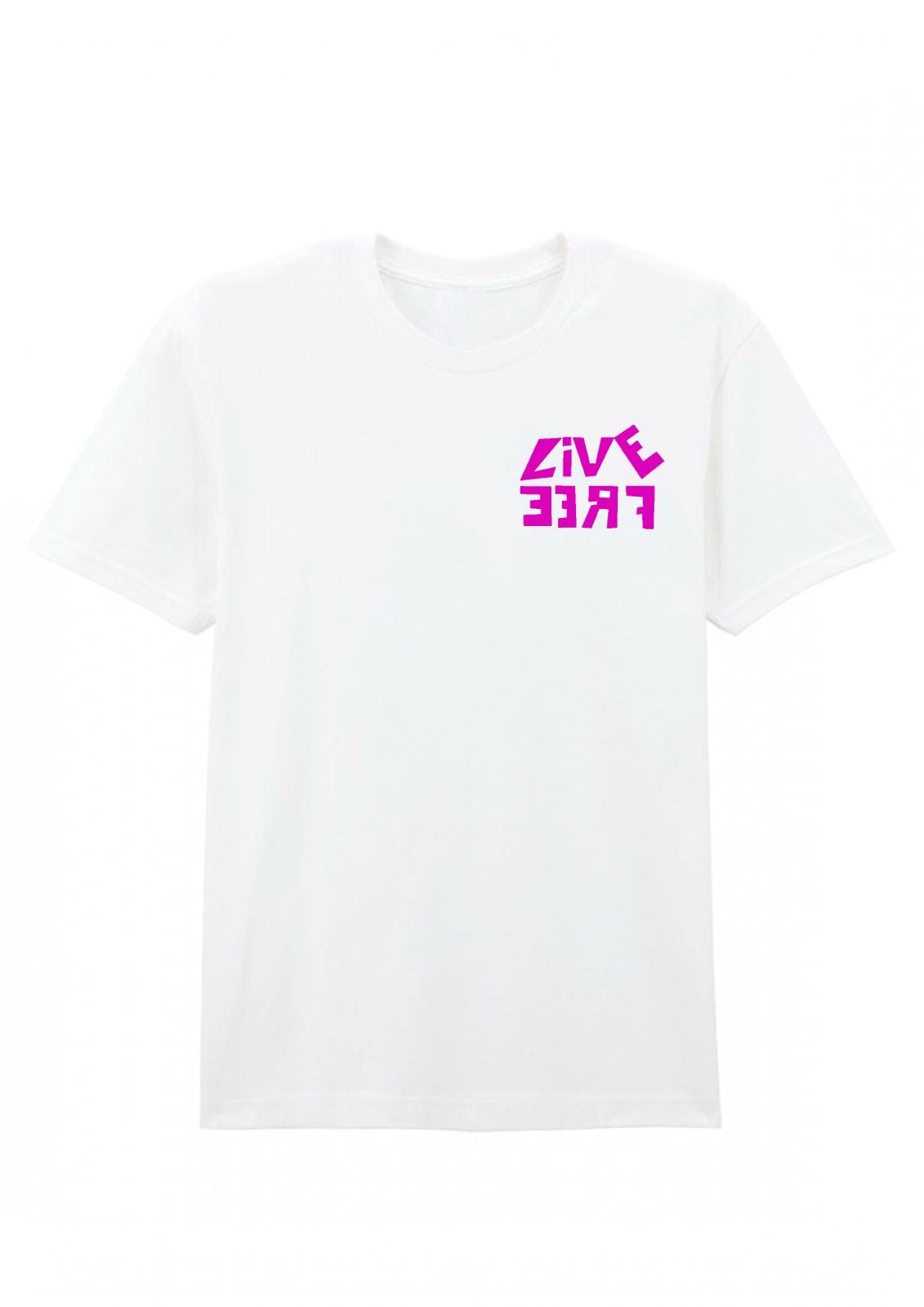 White t-shirt with pink text on a white background