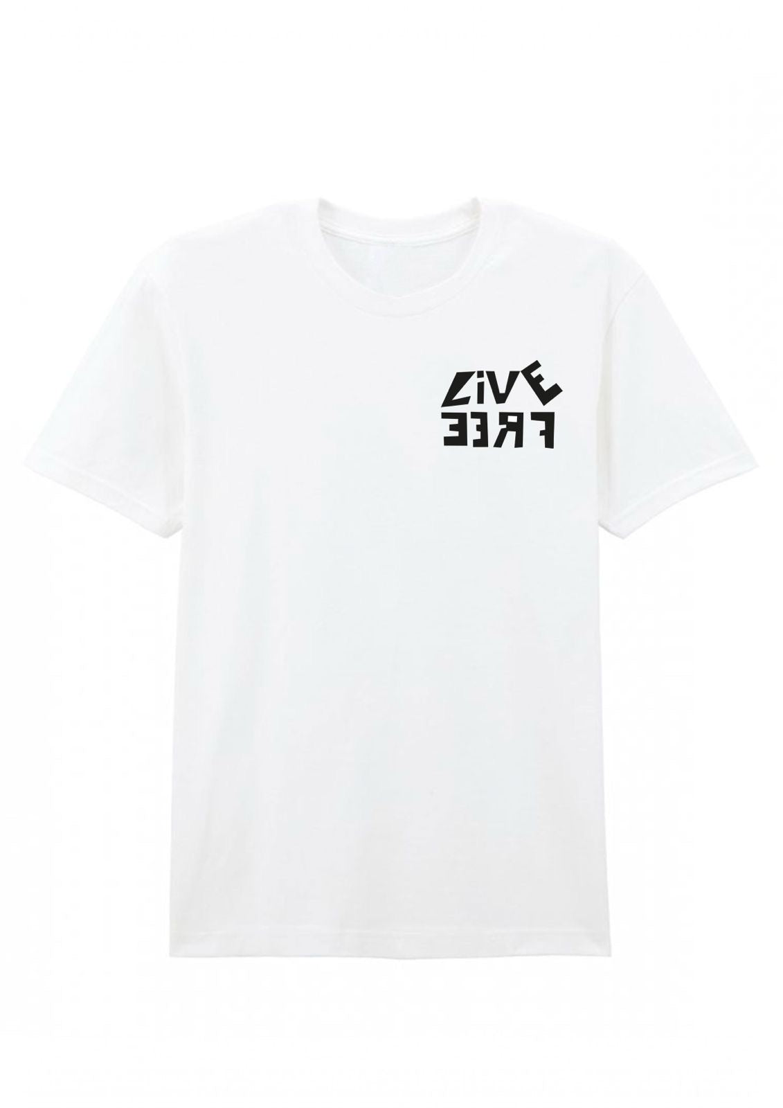 White t-shirt with black text design on a white background