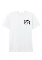 White t-shirt with black text design on a white background