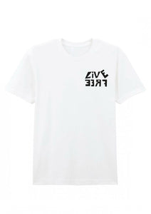 White t-shirt with black text design on a white background