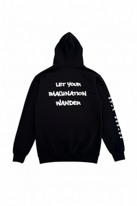 Black hoodie with text 'Let your imagination wander' on a white background