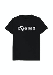 Black t-shirt with 'LIGHT' and a graphic design on a white background