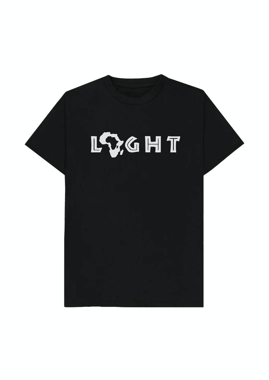 Black t-shirt with 'LIGHT' and a graphic design on a white background