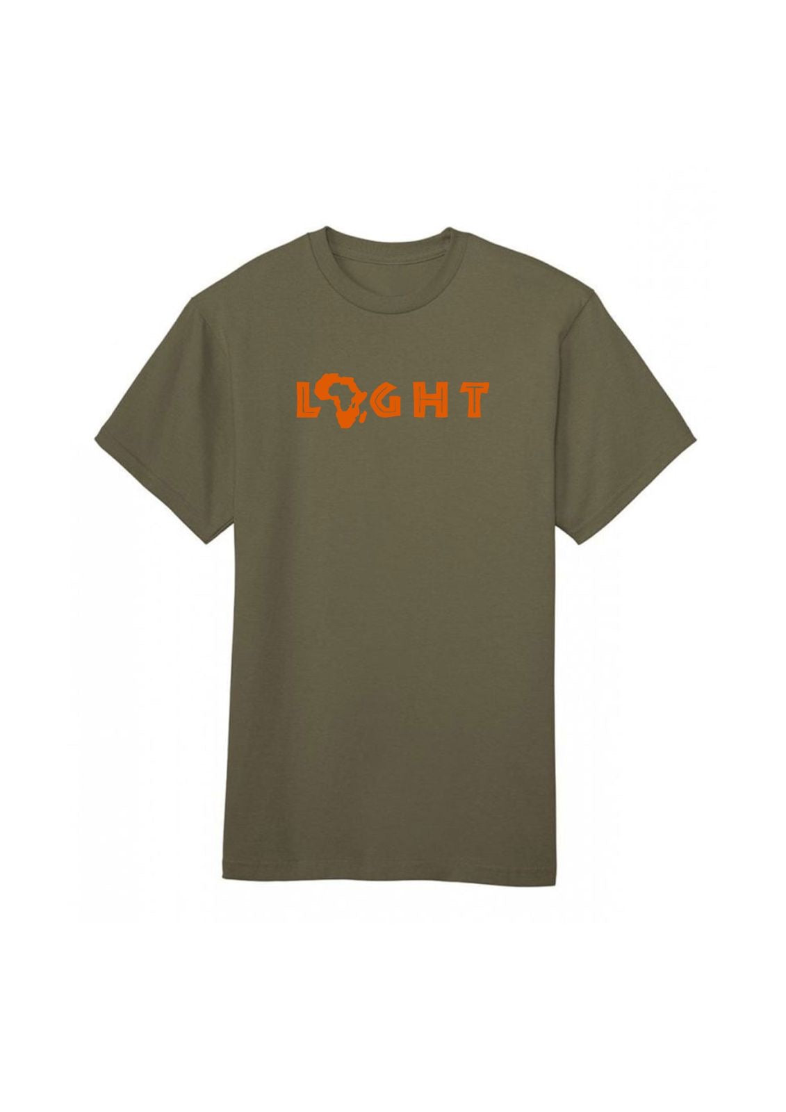Green t-shirt with 'LIGHT' printed in orange on a olive background