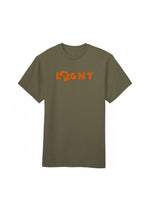 Green t-shirt with 'LIGHT' printed in orange on a olive background