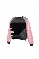 Sweatshirt with pink and gray color block design on a white background