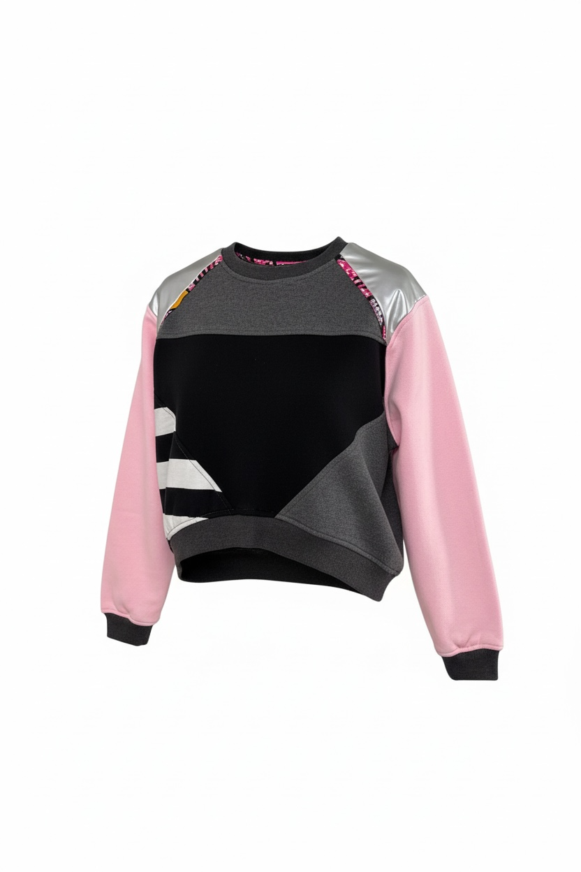 Sweatshirt with pink and gray color block design on a white background