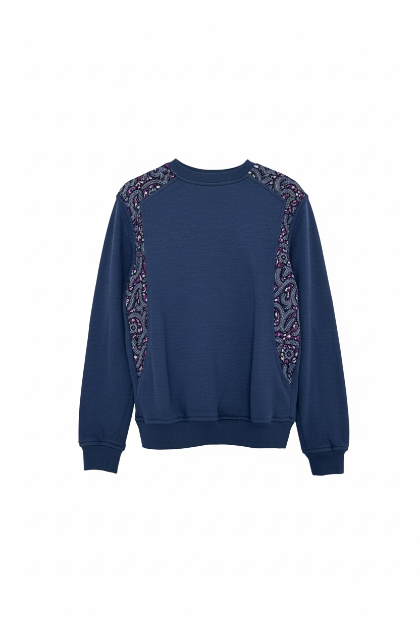 Navy blue sweatshirt with decorative patterns on sleeves against a white background