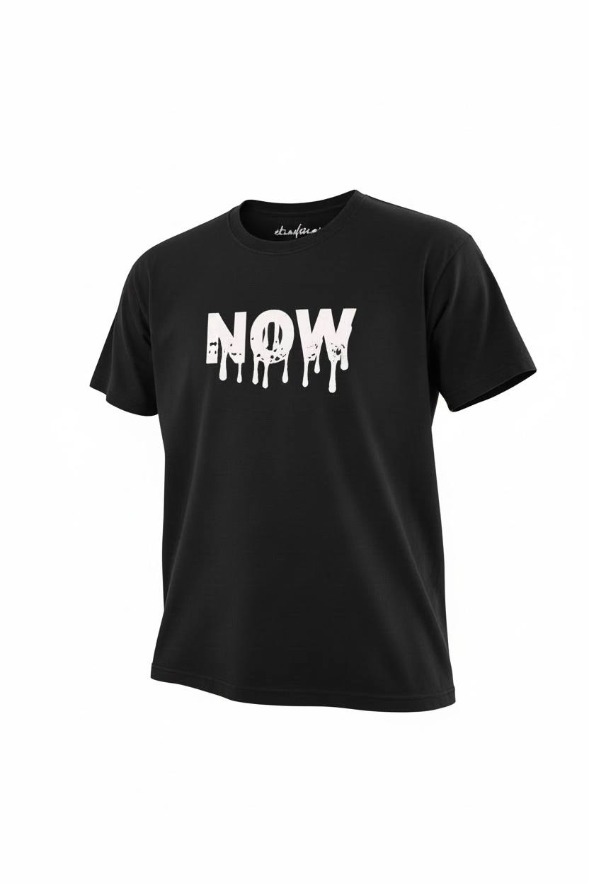 Black t-shirt with 'NOW' graphic design on a white background