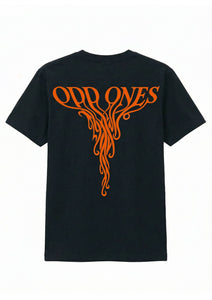 Black t-shirt with orange 'Odd Ones' design on a black background