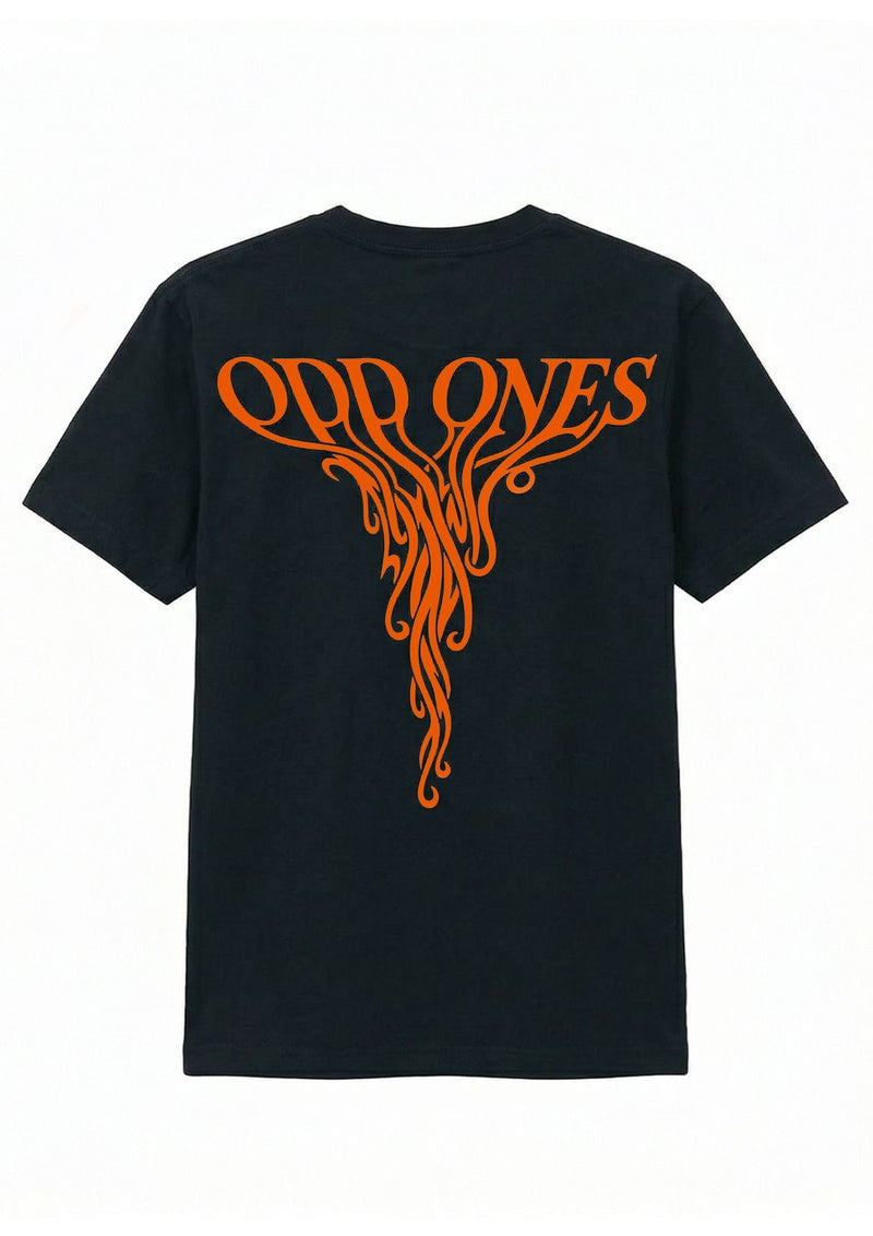 Black t-shirt with orange 'Odd Ones' design on a black background