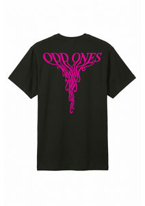 Front and back print oddones black T-shirt pink print.