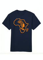 A navy blue cotton T-shirt with a graphic of the African continent in orange and a stylized face inside the contour.