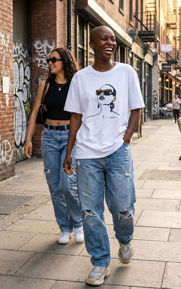 Two people walking down a street with graffiti on the wall.