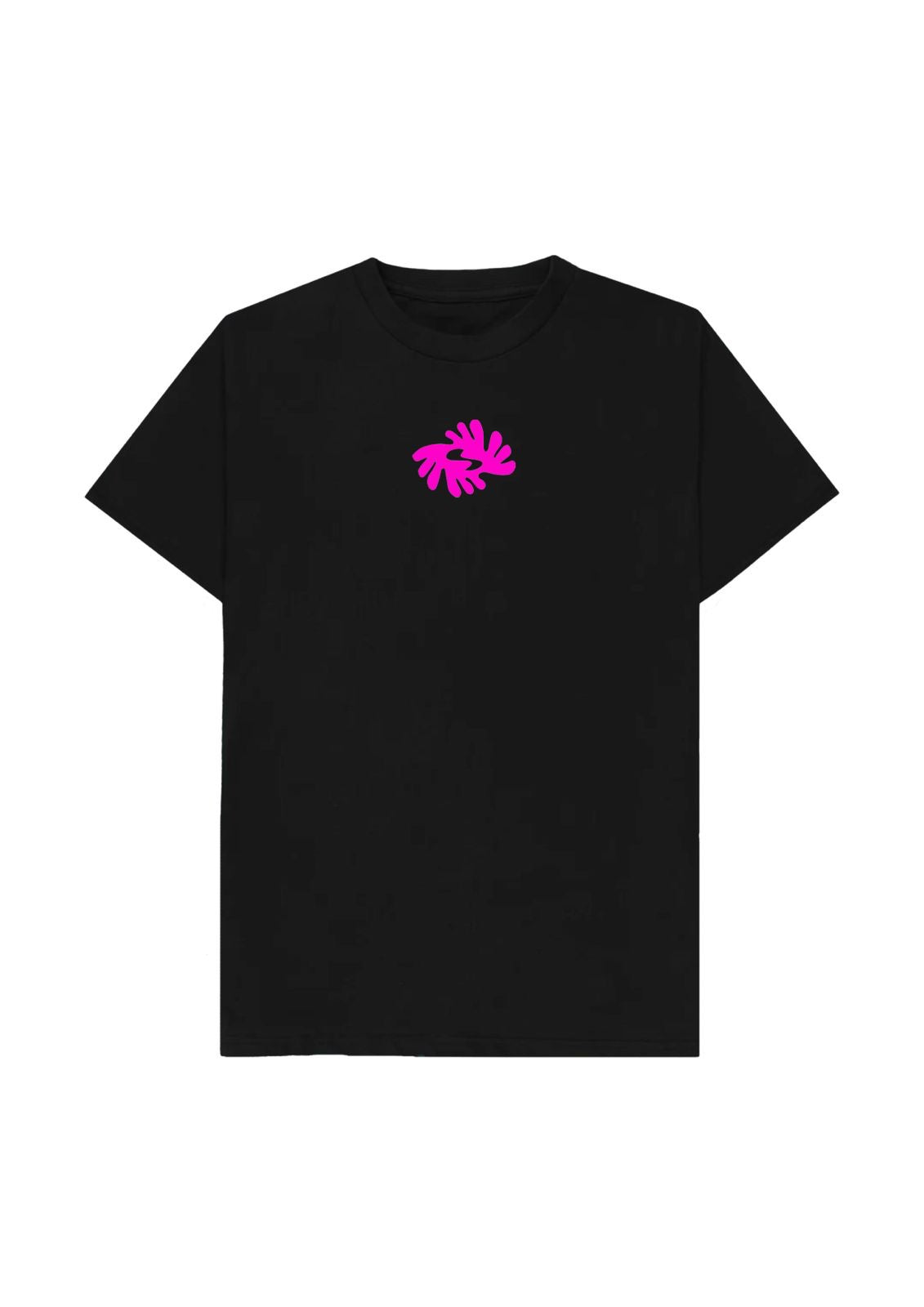 Black t-shirt with a pink floral design on a black background