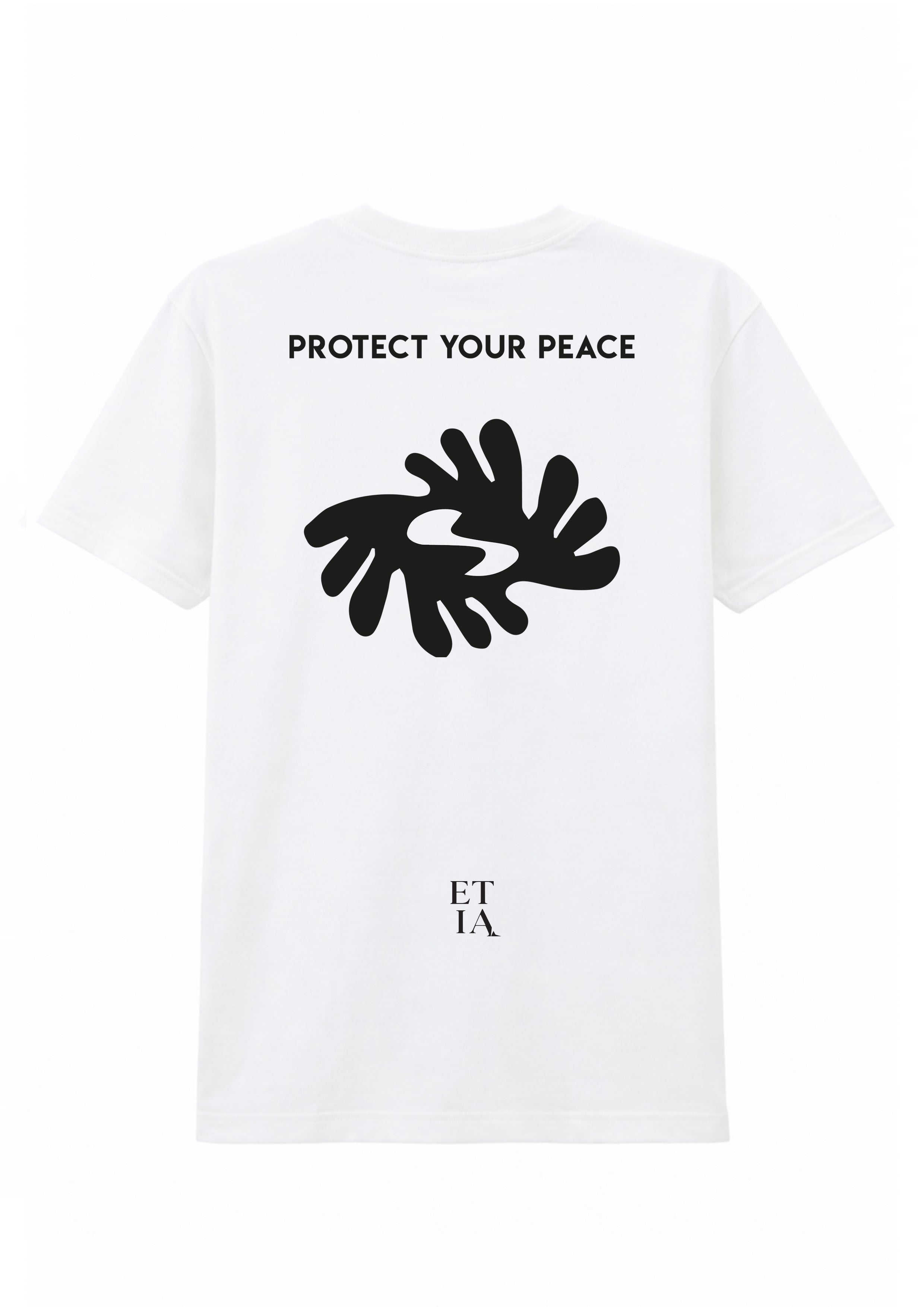 White t-shirt with black graphic and text on a white background