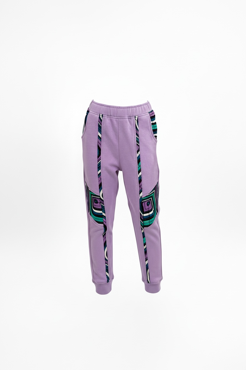 Purple sweatpants with geometric pattern on a white background