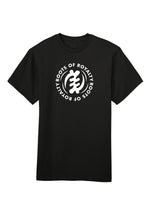 Black t-shirt with white logo and text on a white background