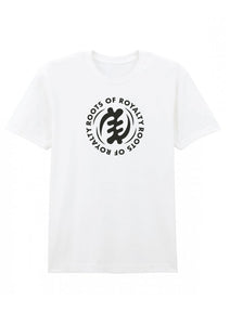 White t-shirt with black logo and text on a white background