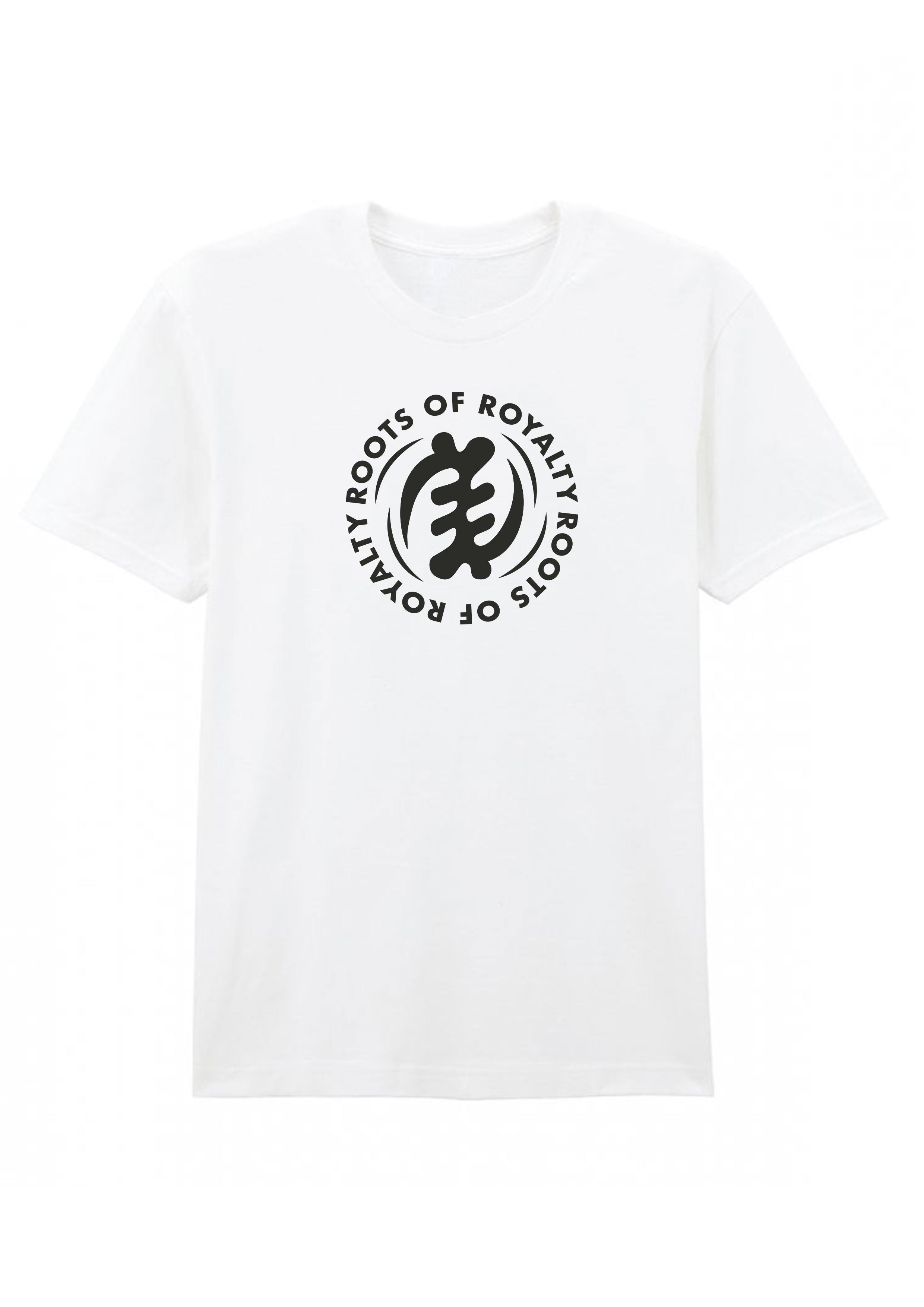 White t-shirt with black logo and text on a white background