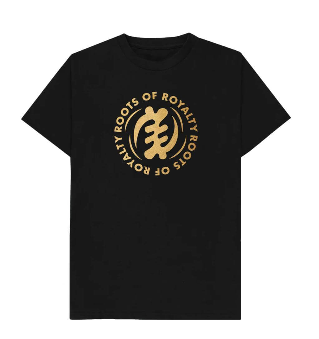 A green cotton T-shirt with a round neckline and short sleeves. The T-shirt features a front print with the text 'ROOTS OF ROYALTY' and a graphic design.