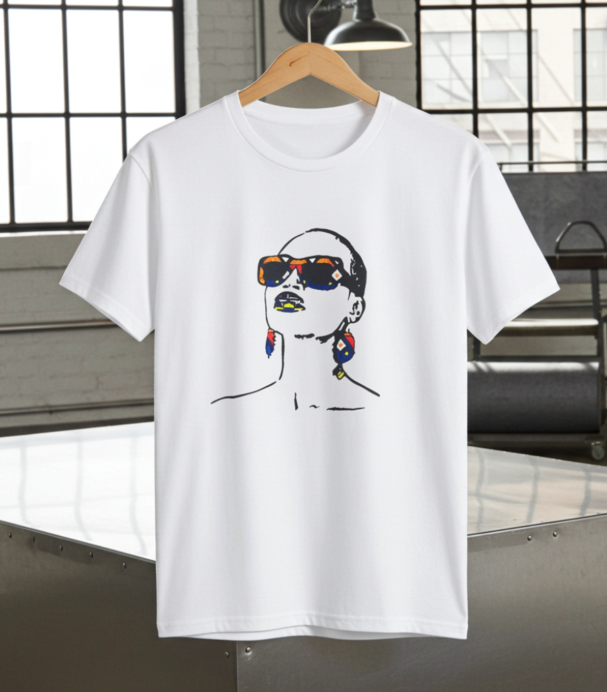 White t-shirt with a graphic design of a face wearing sunglasses and earrings on a hanger.
