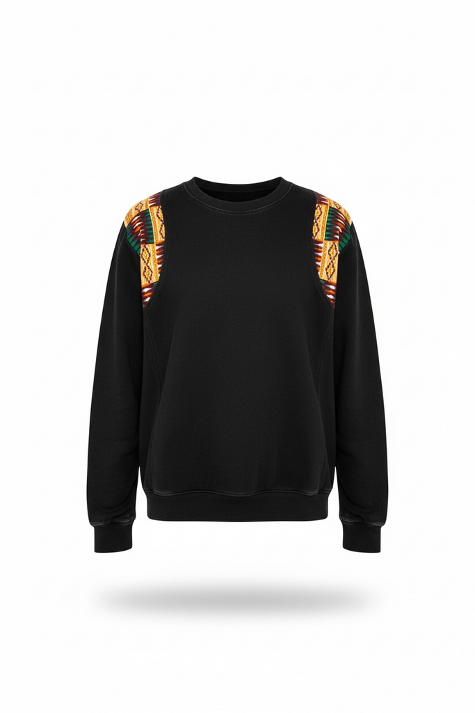 Black sweatshirt with colorful patterned sleeves on a white background
