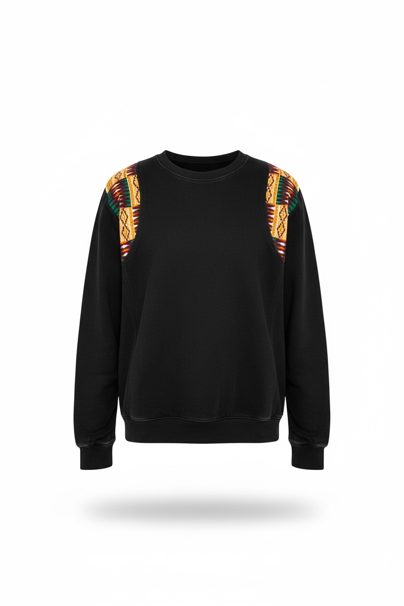 Black sweatshirt with colorful patterned sleeves on a white background