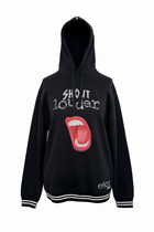 Black hoodie with graphic design and text on a white background
