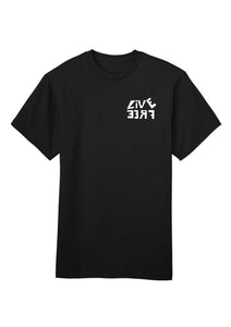 Black t-shirt with white text on a white background
