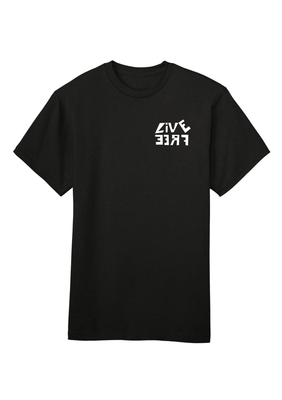 Black t-shirt with white text on a white background