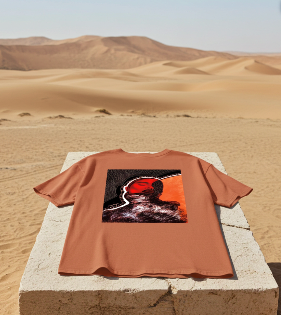 Brown t-shirt with a graphic design on a stone block in a desert setting