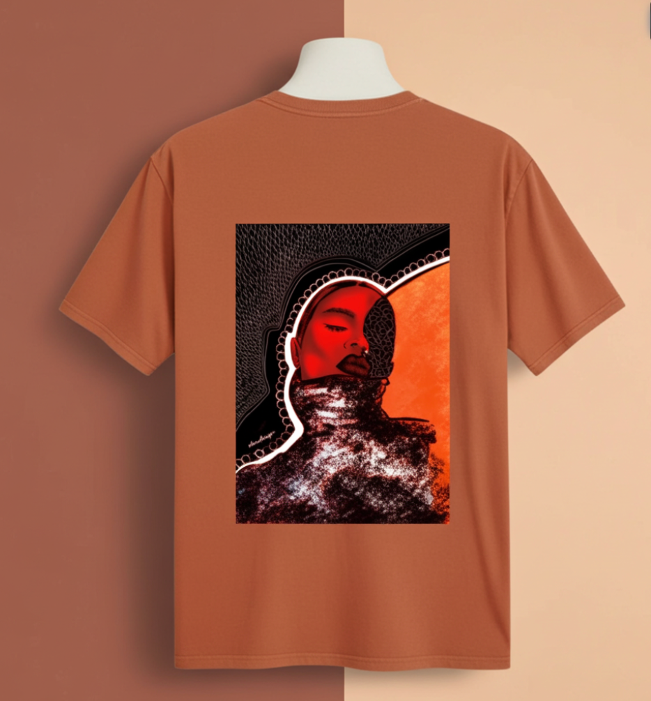 Brown t-shirt with a graphic design on the back against a brown and beige background