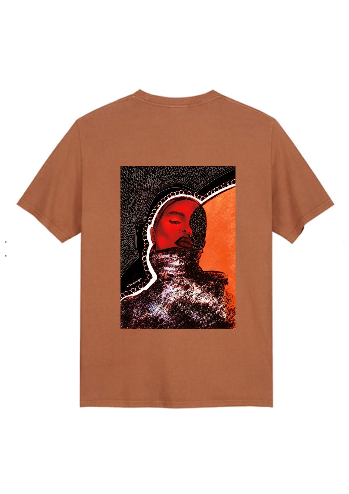 Brown t-shirt with a graphic design on the back against a white background