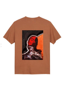 Brown t-shirt with a graphic design on the back against a white background