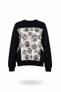 Black sweatshirt with white floral pattern on a white background