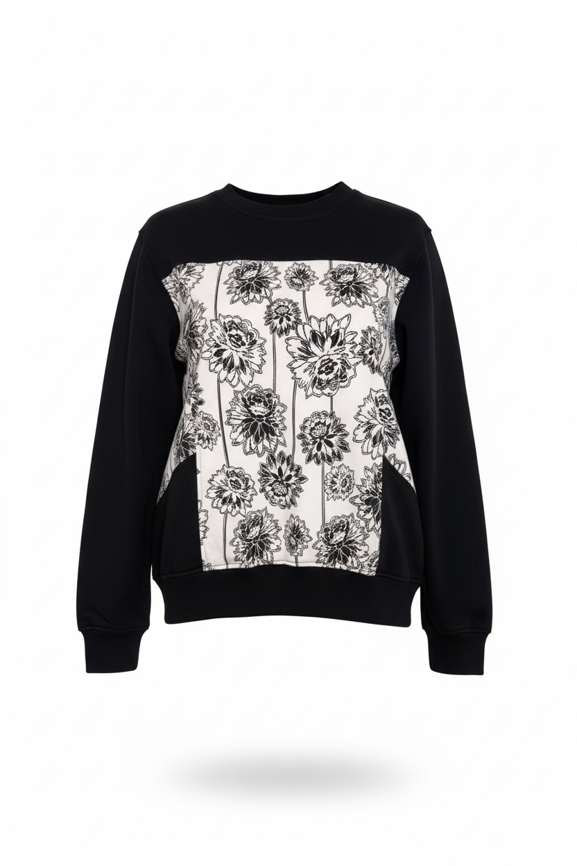 Black sweatshirt with white floral pattern on a white background