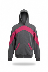 Gray hoodie with pink accents on a white background